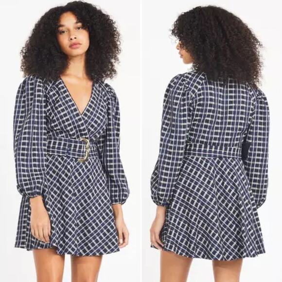 TANYA TAYLOR Nicola Mini Dress Navy White Check Puff Sleeve Fit & Flare Belt NEW - Picture 8 of 9